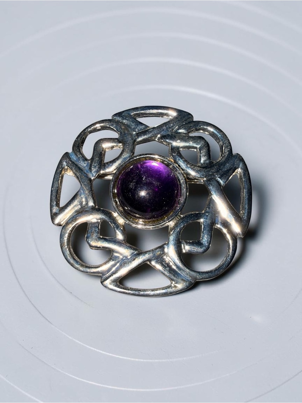 Vintage Silver Tone Openwork Brooch Purple Cabochon Statement Pin